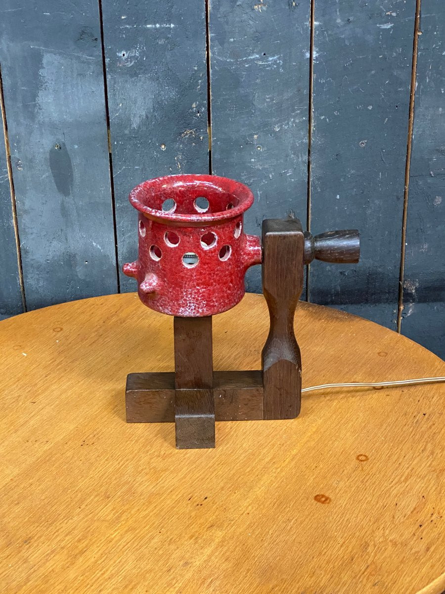 Boleslaw Danikowski (1928-1979) Rare Ceramic And Oak Lamp Circa 1960-photo-2