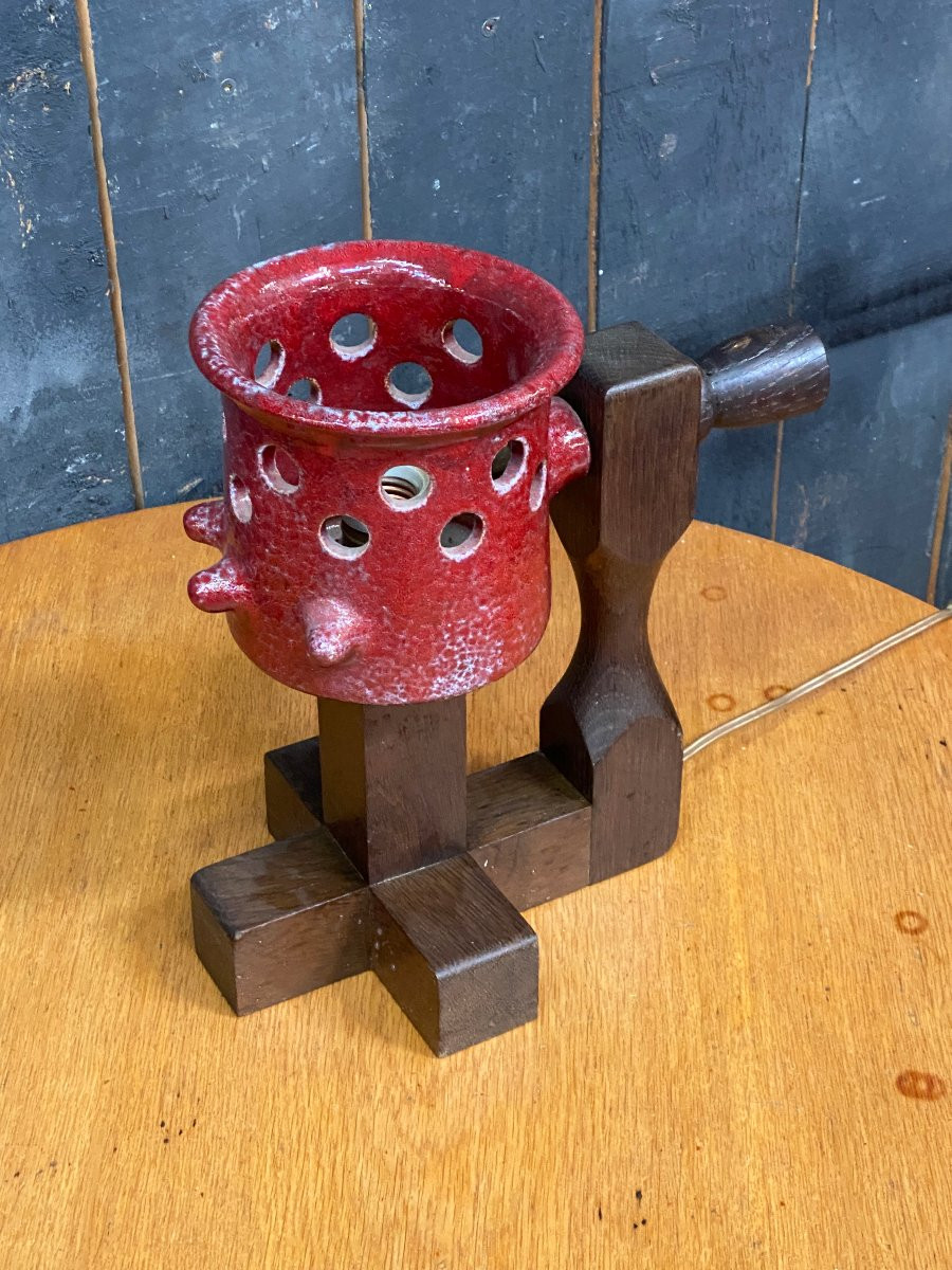 Boleslaw Danikowski (1928-1979) Rare Ceramic And Oak Lamp Circa 1960-photo-4