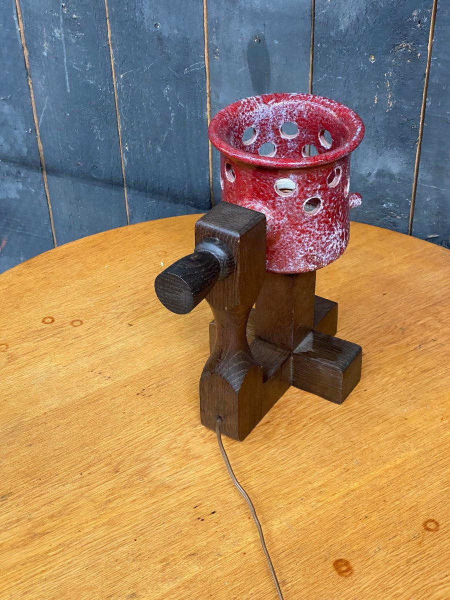 Boleslaw Danikowski (1928-1979) Rare Ceramic And Oak Lamp Circa 1960-photo-2