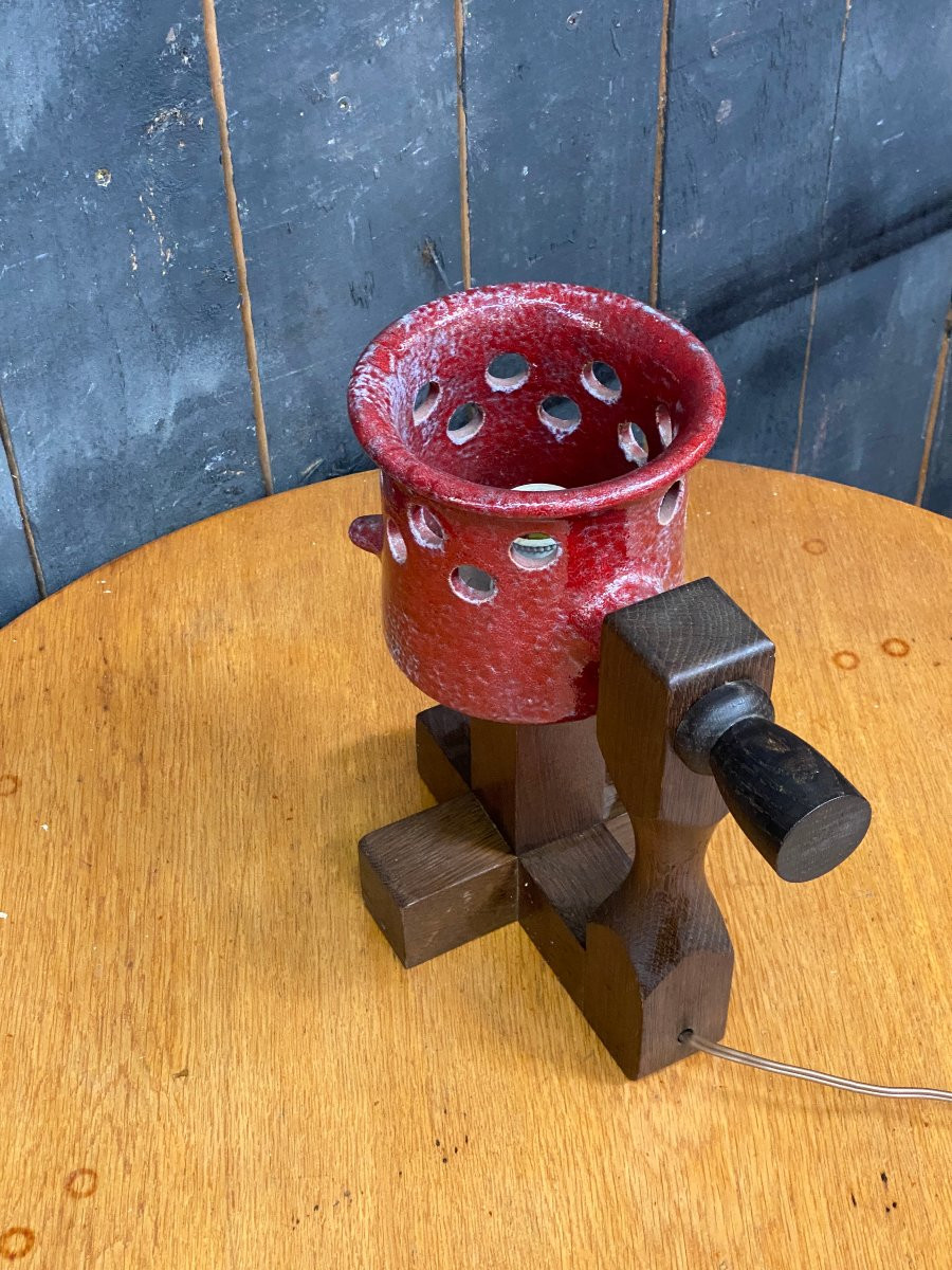Boleslaw Danikowski (1928-1979) Rare Ceramic And Oak Lamp Circa 1960-photo-3