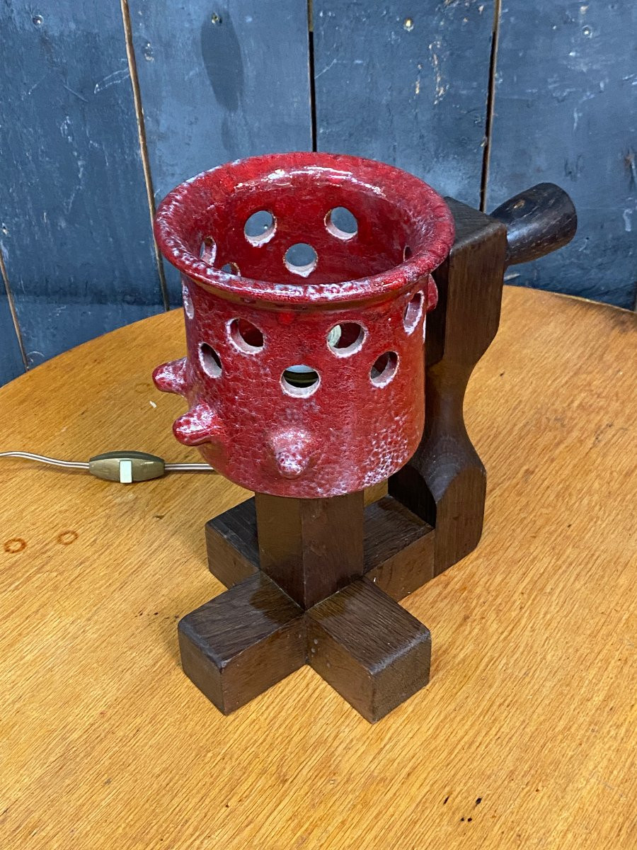 Boleslaw Danikowski (1928-1979) Rare Ceramic And Oak Lamp Circa 1960-photo-7