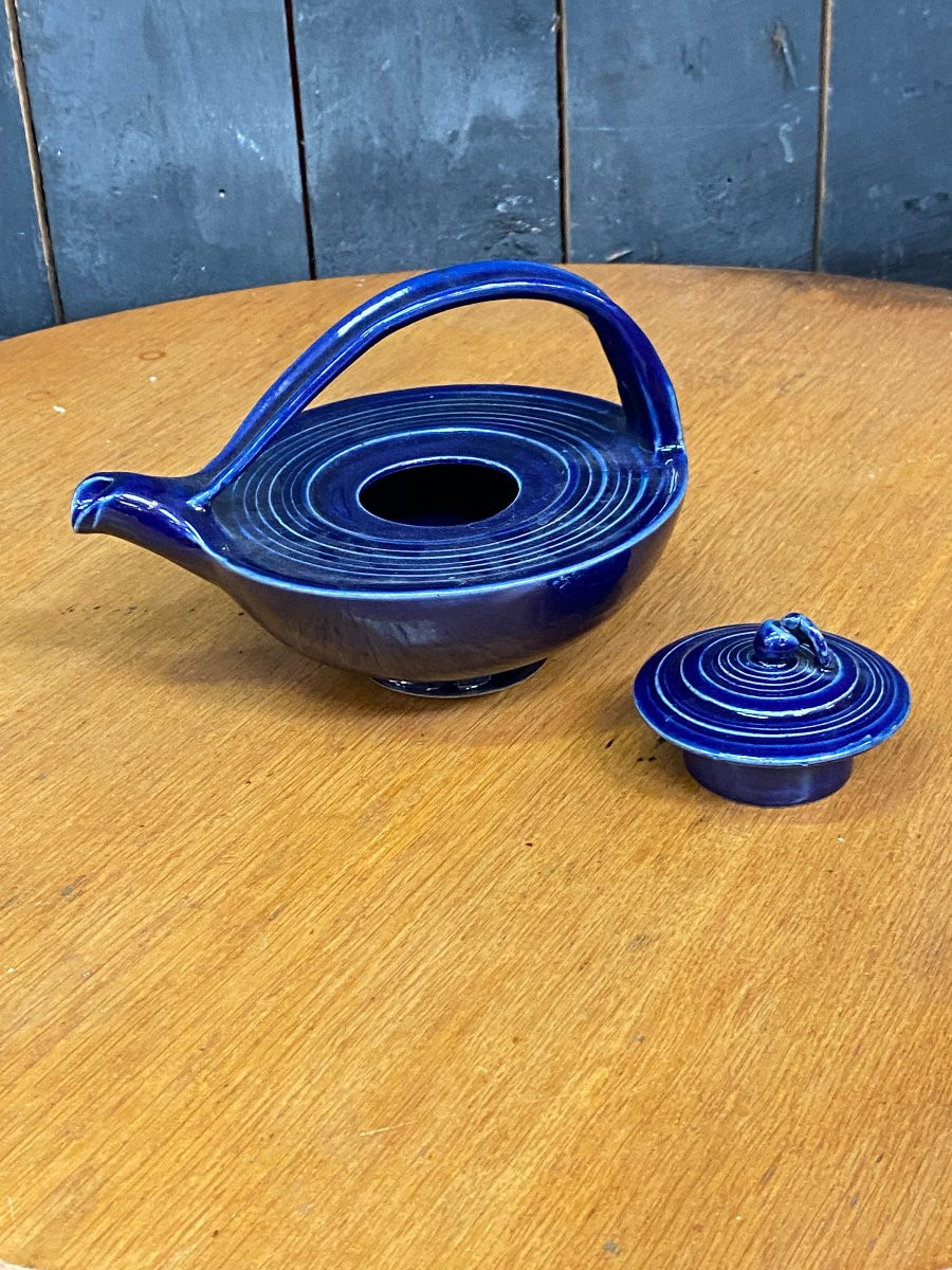 Charming Blue Ceramic Teapot, Illegible Signature, Circa 1950/1960-photo-2