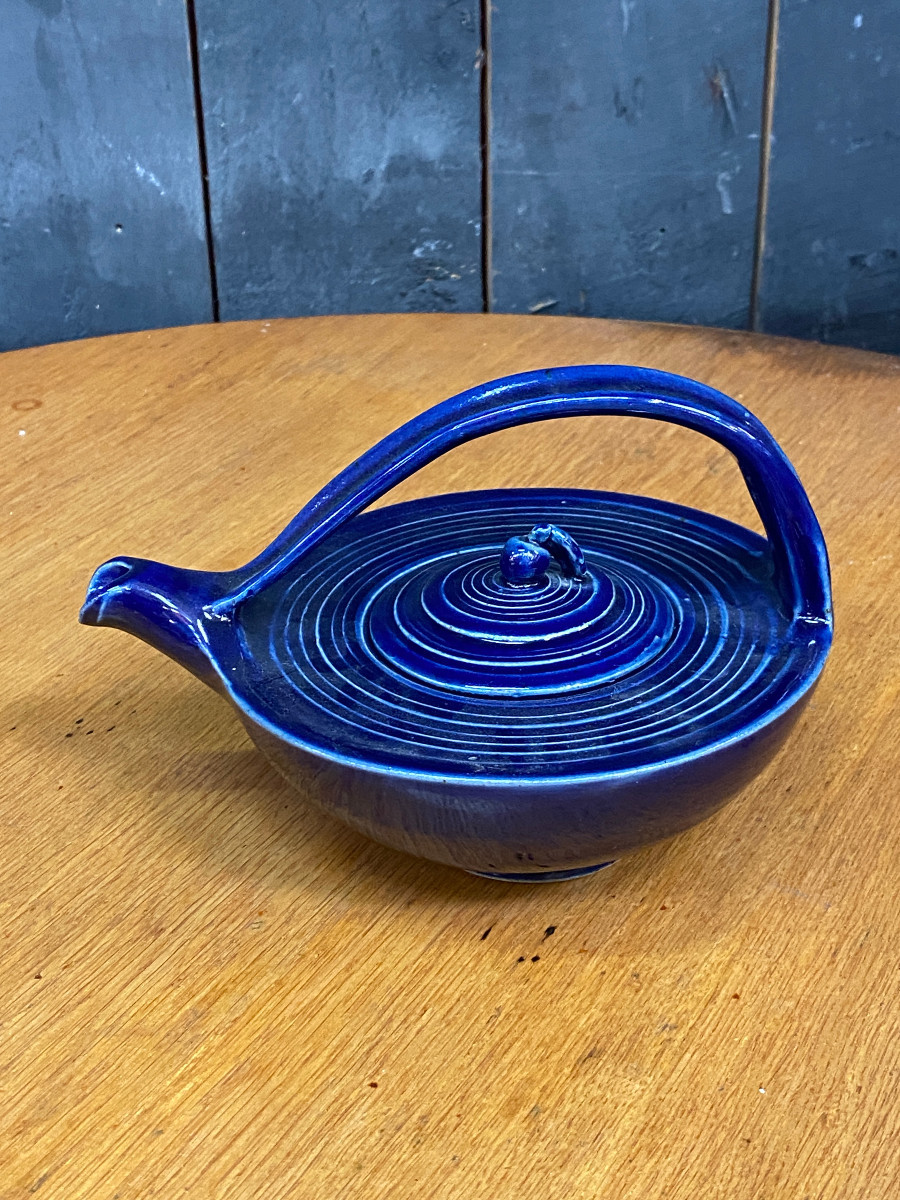 Charming Blue Ceramic Teapot, Illegible Signature, Circa 1950/1960