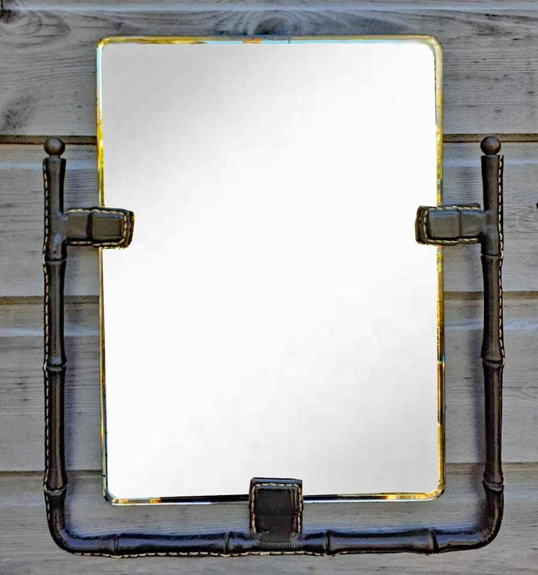 Jacques Adnet, Mirror Covered In Saddle Stitched Leather Circa 1950