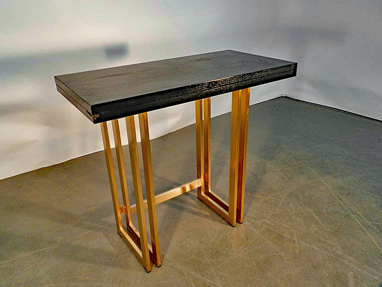 Artelano , Console Extensible En Table En Métal Doré Et Chêne Norci Circa 1960/1970-photo-2