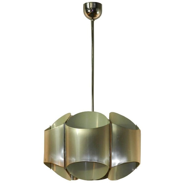 Lustre Circa 1960/1970 En Acier Brossé, Intérieur Laqué Blanc ..belle Liumière 