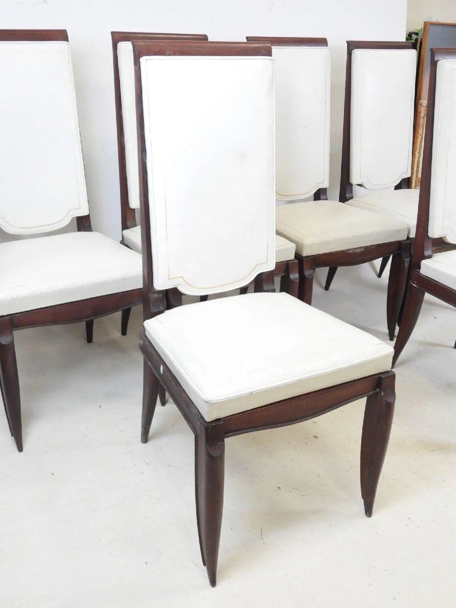 Maurice JALLOT (Attribué à ) Suite De 6 Chaises Art Déco, Garni De Cuir-photo-4