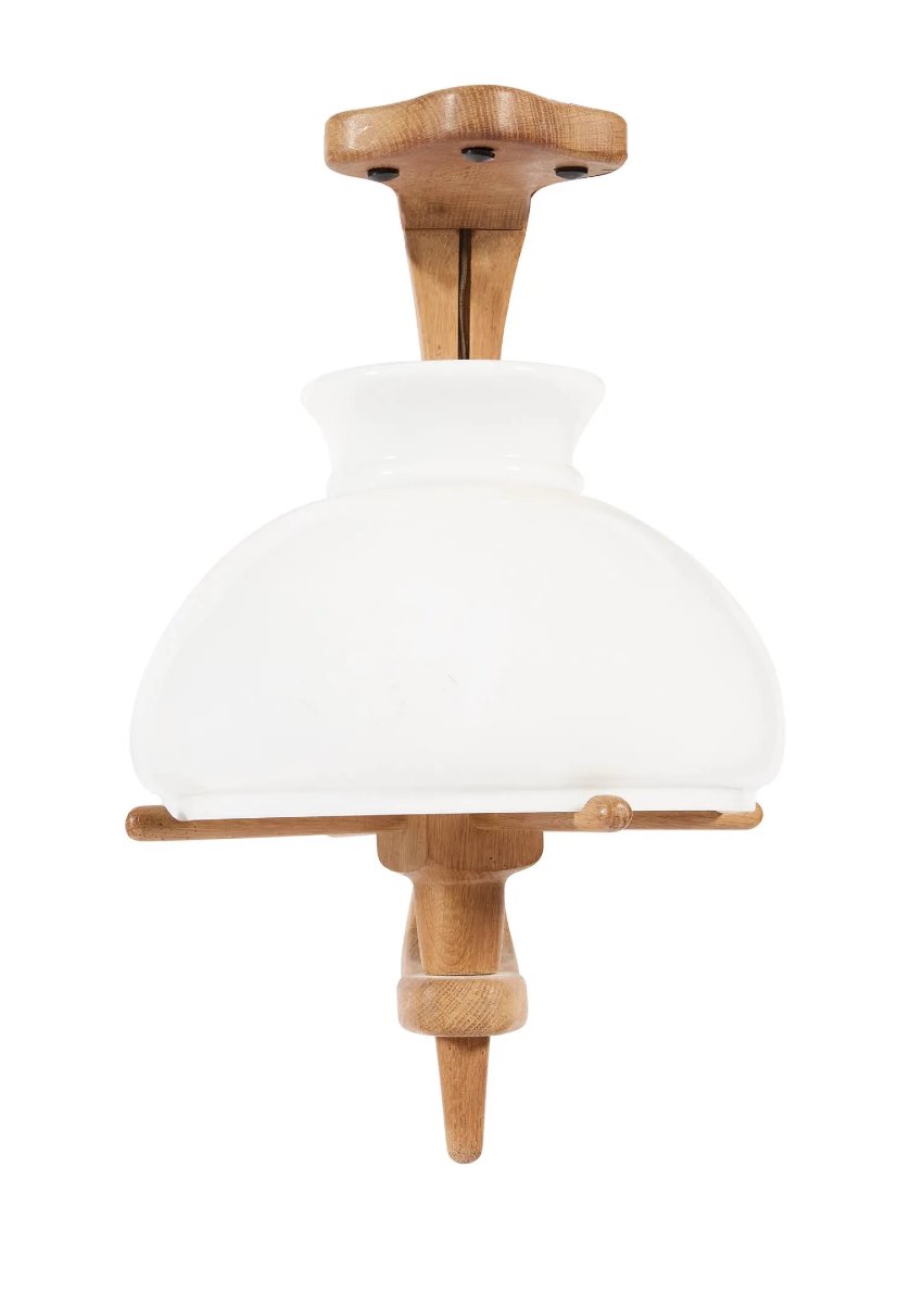 Guillerme Et Chambron, Oak And Opaline Pendant Light, Edition Votre Maison, Circa 1970-photo-2