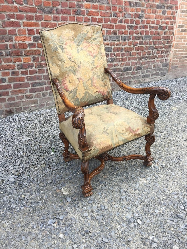 Large Louis XIII Style Armchair In Walnut, 19th Century -photo-2