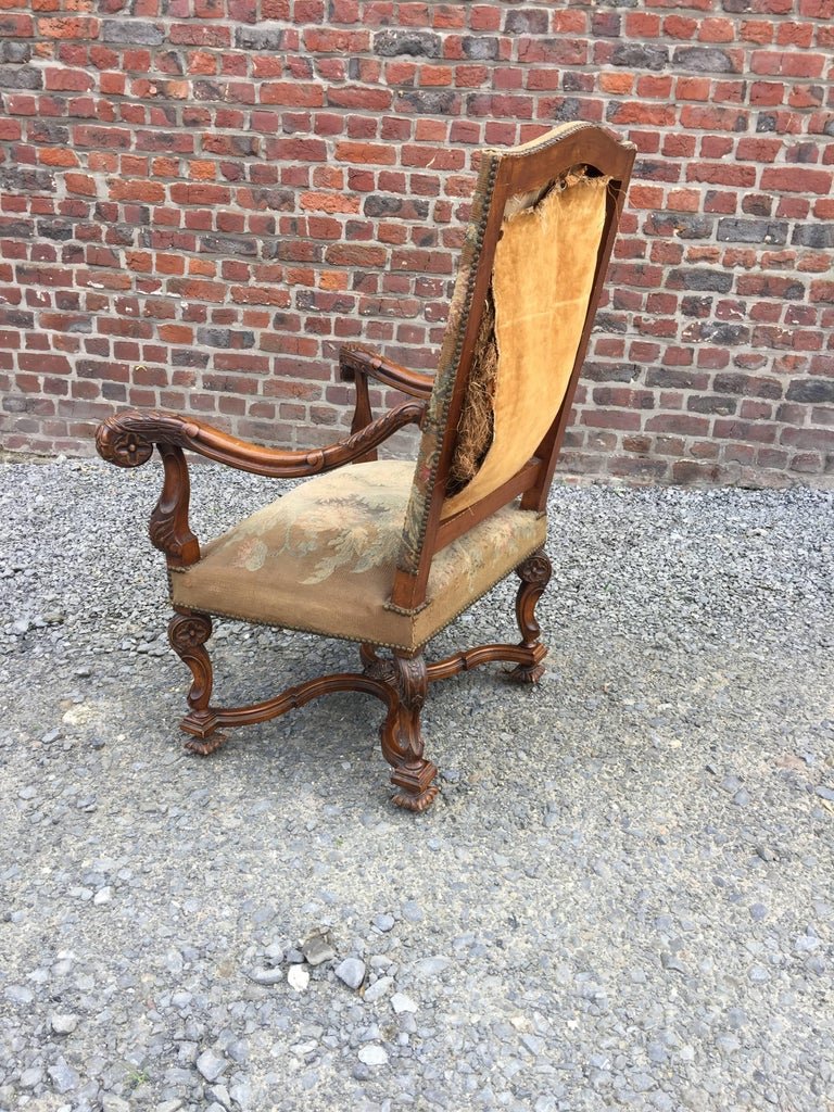 Large Louis XIII Style Armchair In Walnut, 19th Century -photo-7