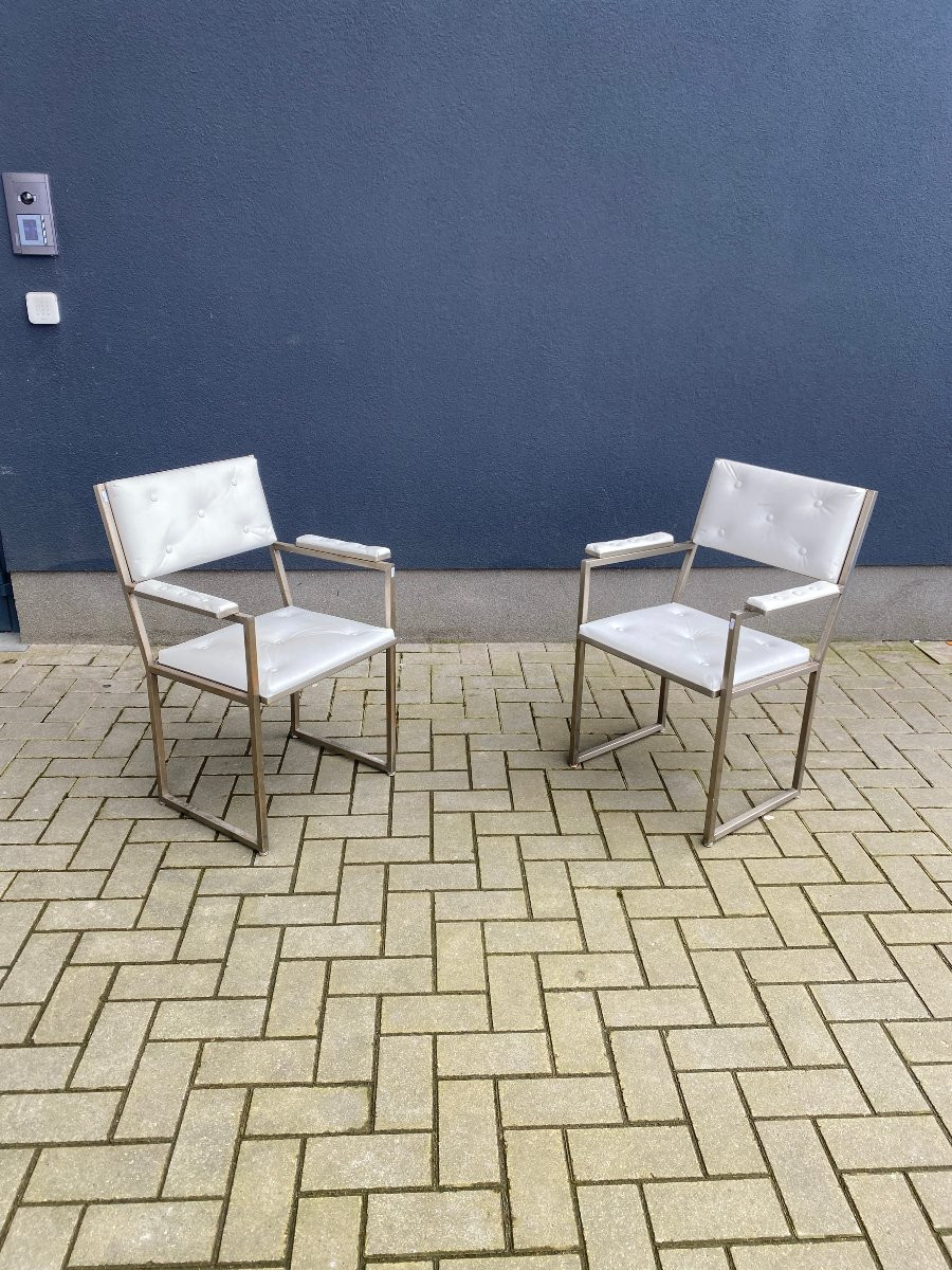 Deux Fauteuils De Bureau Guy Lefevre Pour Maison Jansen, Circa 1970 , Acier Et Moleskine -photo-1