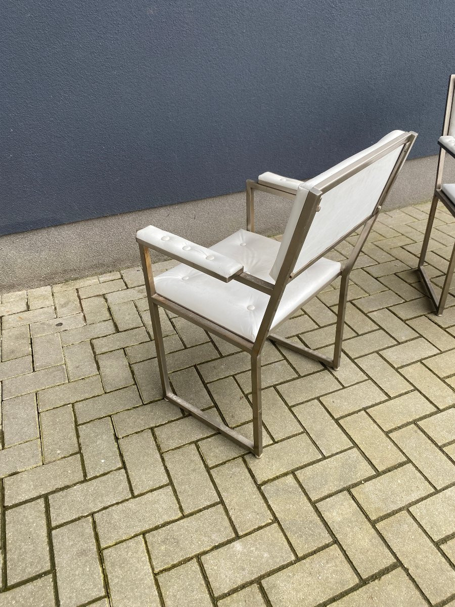 Deux Fauteuils De Bureau Guy Lefevre Pour Maison Jansen, Circa 1970 , Acier Et Moleskine -photo-3
