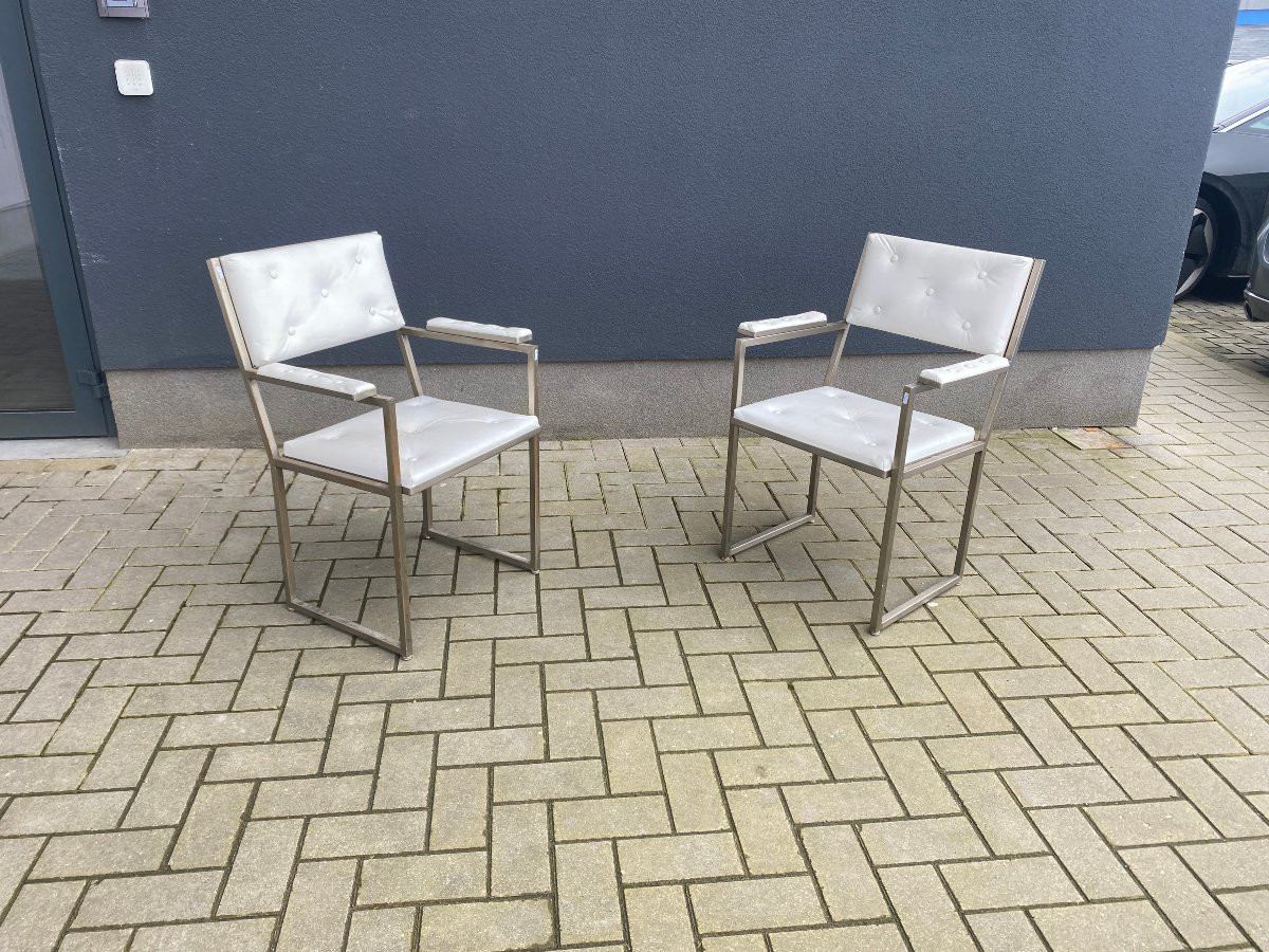 Deux Fauteuils De Bureau Guy Lefevre Pour Maison Jansen, Circa 1970 , Acier Et Moleskine -photo-4