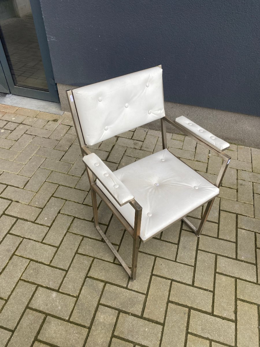 Deux Fauteuils De Bureau Guy Lefevre Pour Maison Jansen, Circa 1970 , Acier Et Moleskine -photo-5