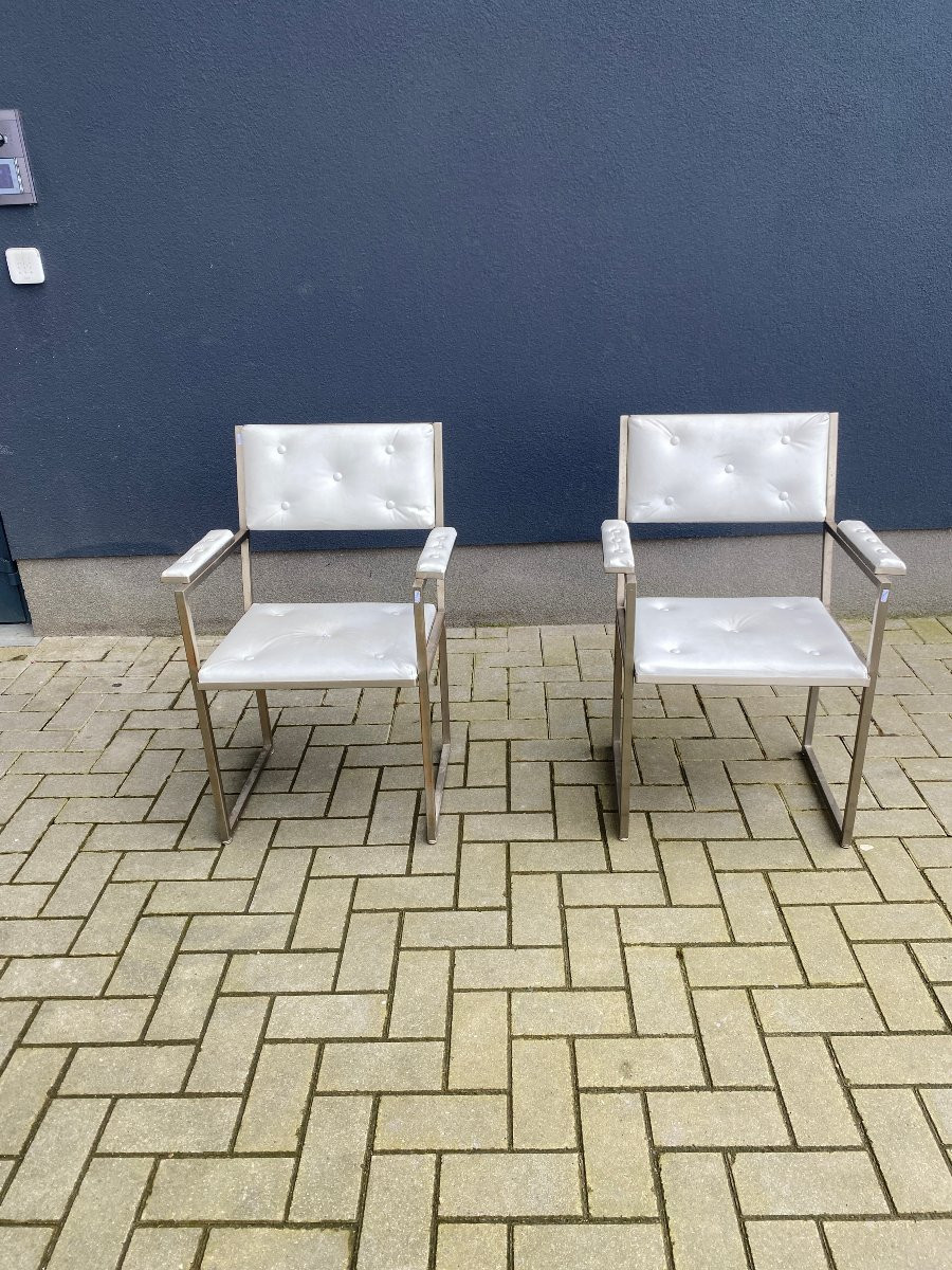 Deux Fauteuils De Bureau Guy Lefevre Pour Maison Jansen, Circa 1970 , Acier Et Moleskine -photo-7