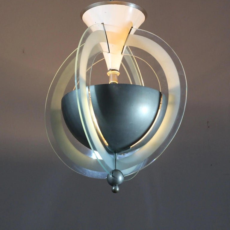 Lustre art deco moderniste en métal chromé et verre sablé circa 1930-photo-2