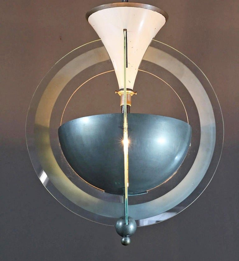 Lustre art deco moderniste en métal chromé et verre sablé circa 1930-photo-3