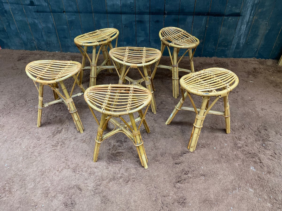 Set Of 6 Bamboo Stools Circa 1970 -photo-6