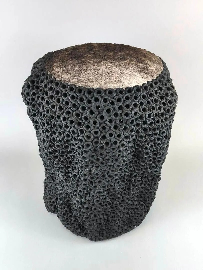  Gilles Caffier (1963) Ceramic Stool, Leather Top, Signed And Dated