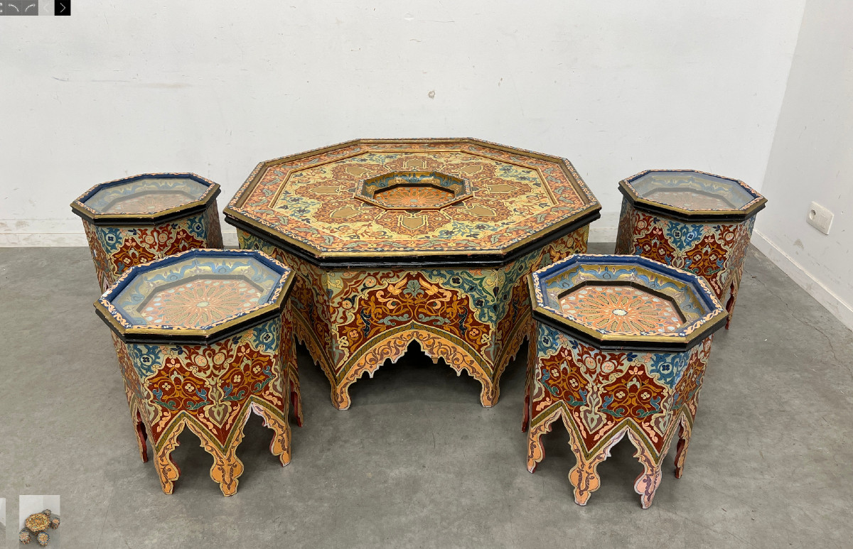 Coffee Table + 4 Painted Stools, Oriental (55x120x120cm) 