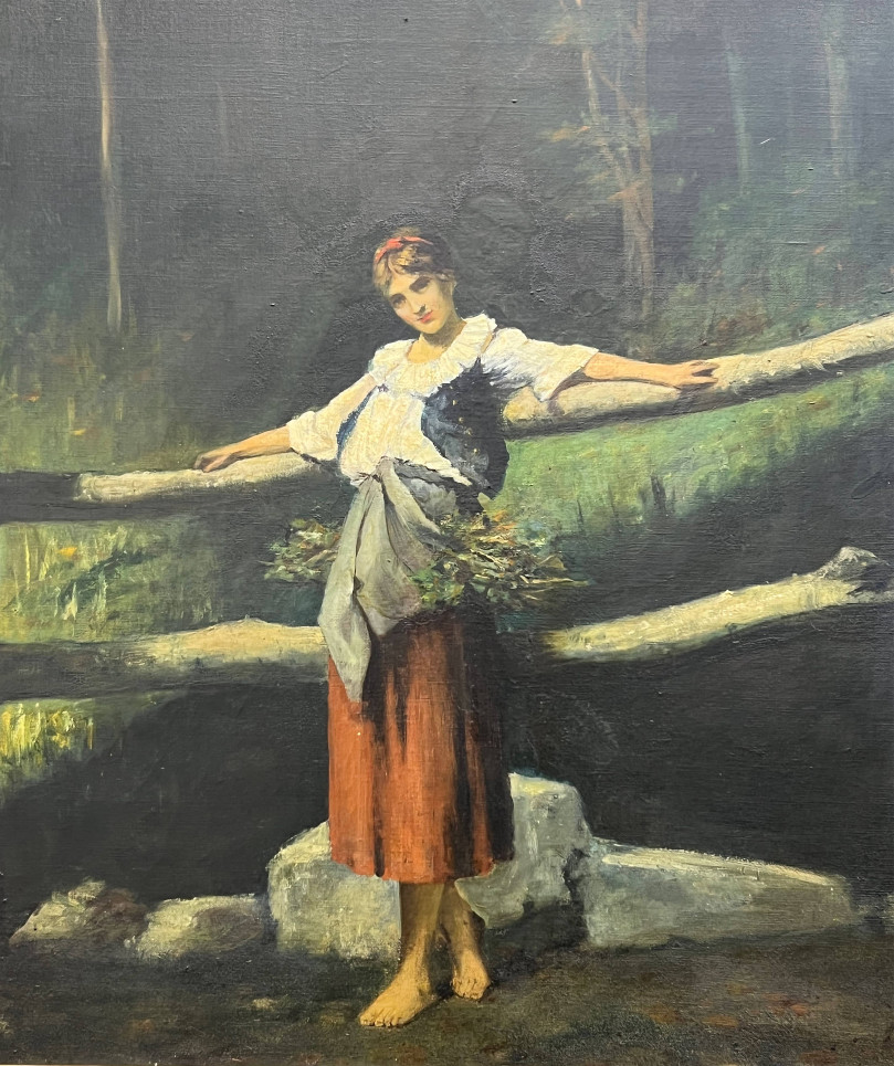 Peinture "Jeune femme appuyée à la barrière", huile sur toile (78x82cm) 