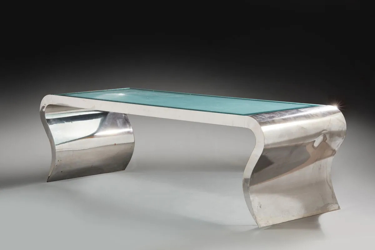 Large Designer Desk In Chromed And Folded Metal Sheet Circa 1970/1980