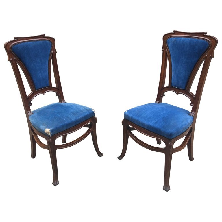 Pair Of Art Nouveau Mahogany Chairs, Nancy School, Circa 1900 -photo-2