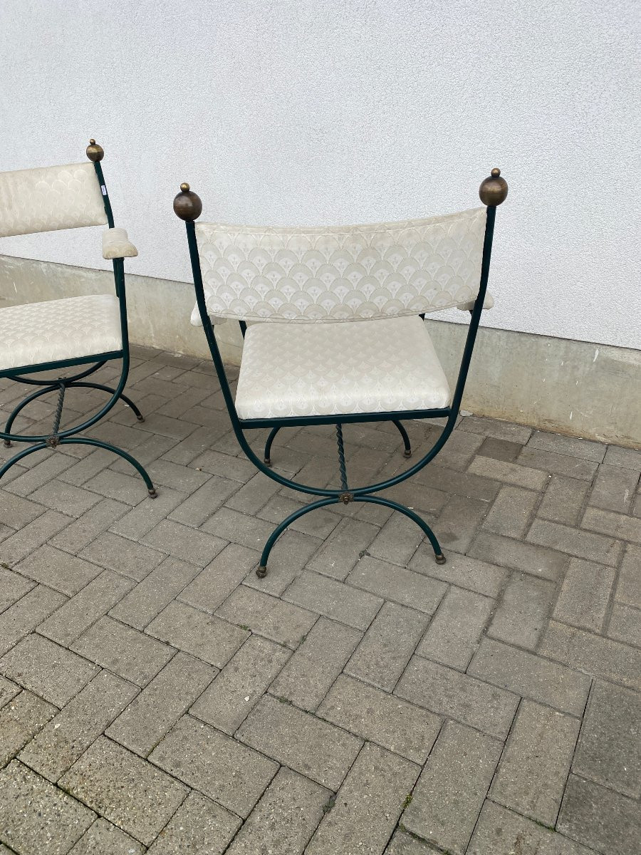 Paire De Fauteuils Curulles En Fer Forgé Et Laiton Circa 1950/1960 -photo-2
