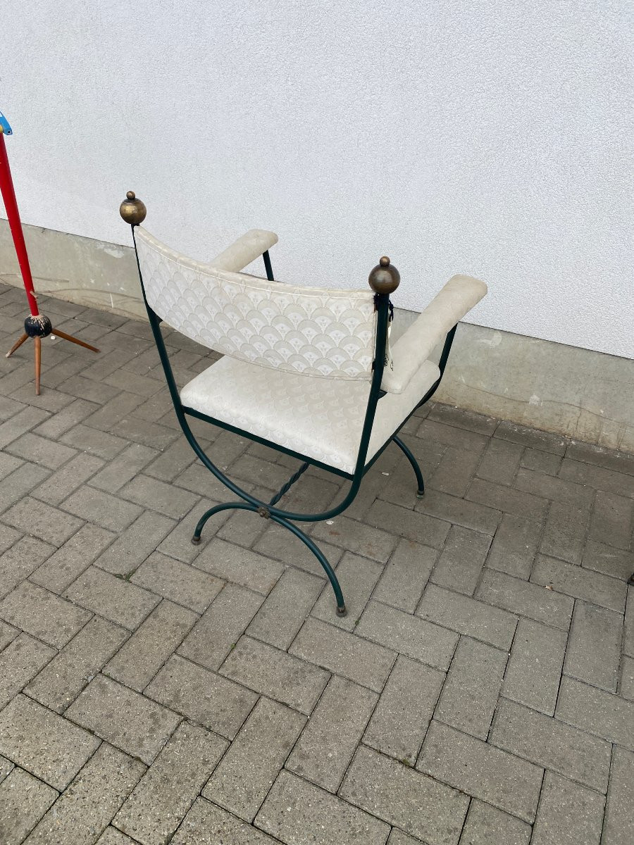 Paire De Fauteuils Curulles En Fer Forgé Et Laiton Circa 1950/1960 -photo-3