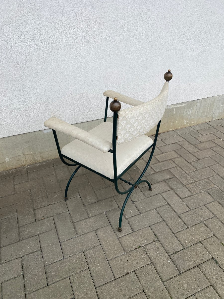 Paire De Fauteuils Curulles En Fer Forgé Et Laiton Circa 1950/1960 -photo-4