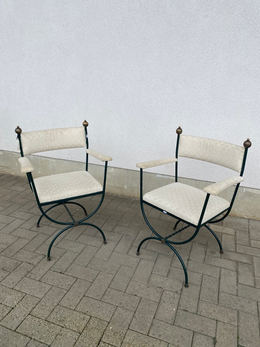 Paire De Fauteuils Curulles En Fer Forgé Et Laiton Circa 1950/1960 -photo-2