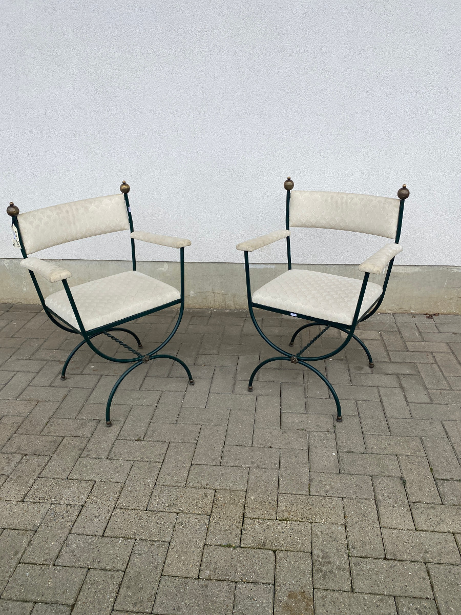 Paire De Fauteuils Curulles En Fer Forgé Et Laiton Circa 1950/1960 