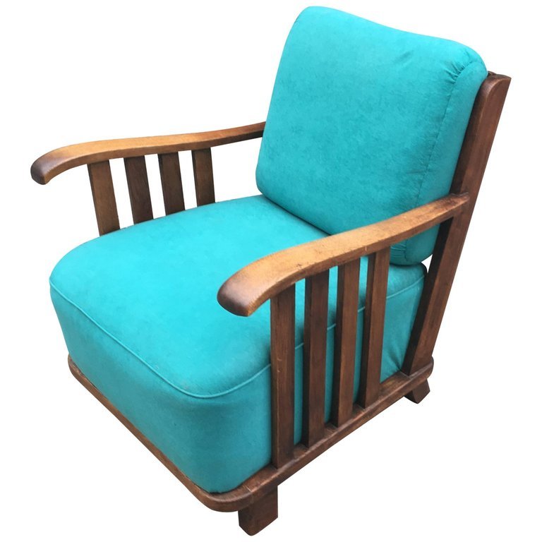 Fauteuil 1950 en chêne massif , tissu et ganiture en bon état-photo-2