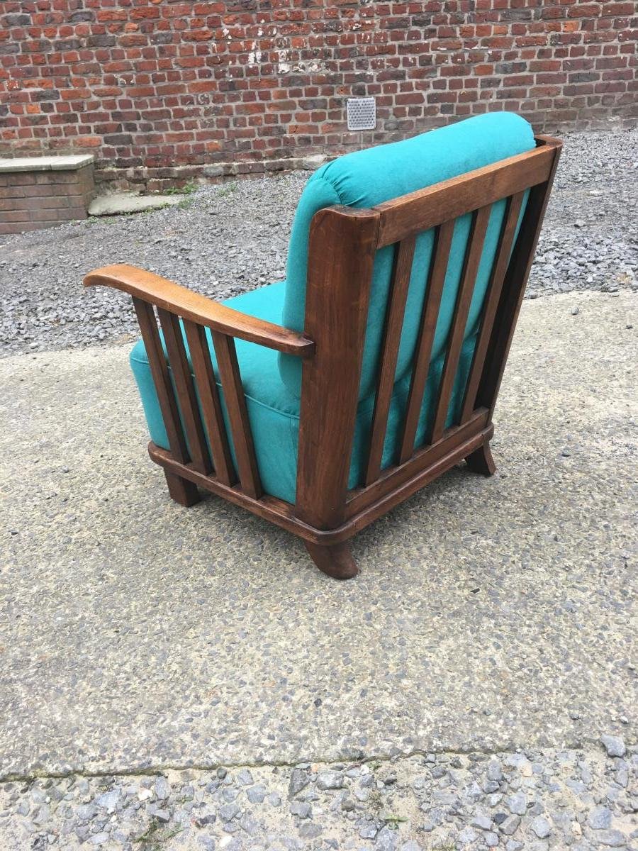 Fauteuil 1950 en chêne massif , tissu et ganiture en bon état-photo-3