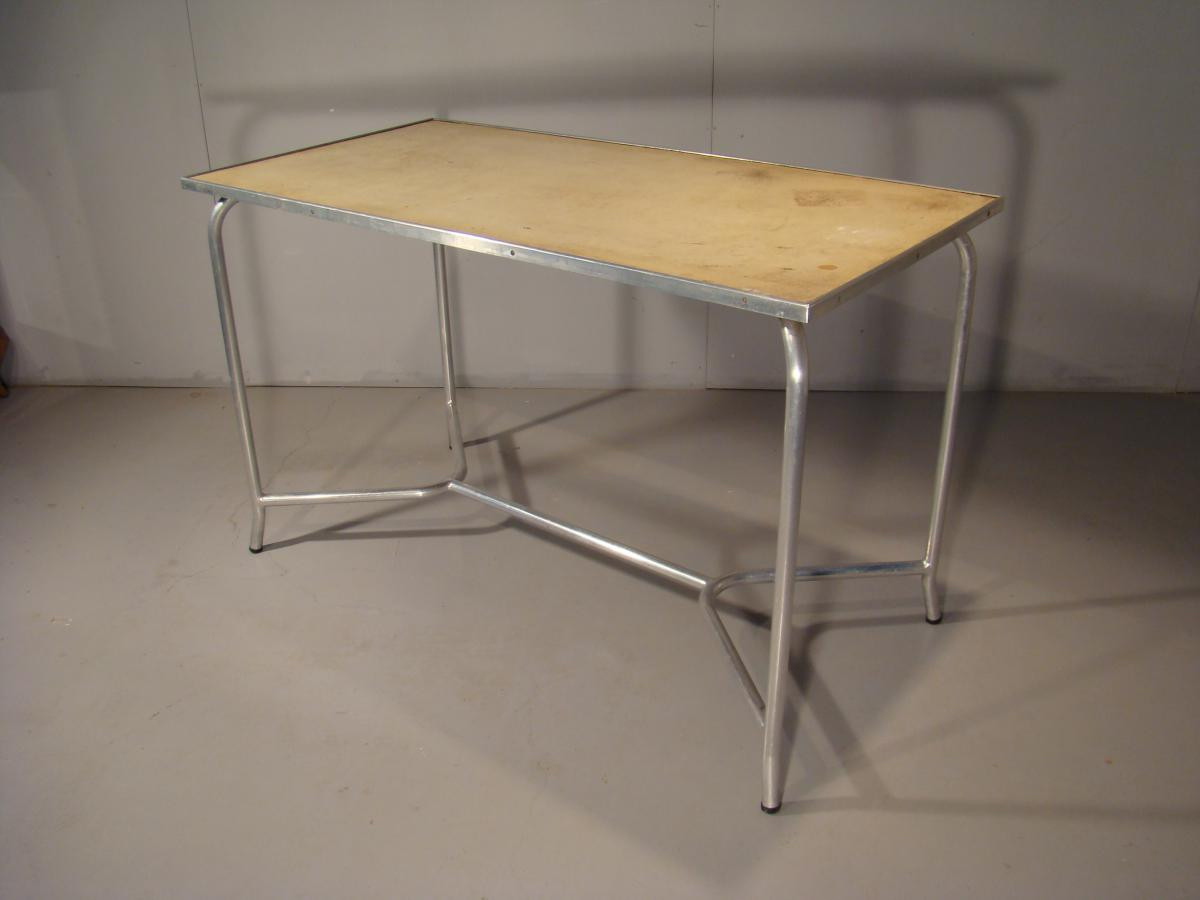 Modernist Art Deco Aluminum Table, Circa 1930/1950, Good Condition, Original Upholstery 