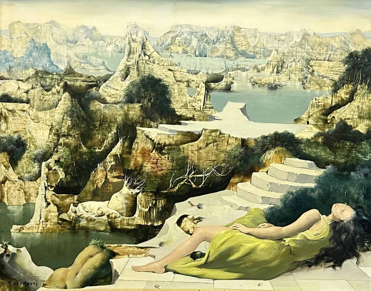 Marcel Delmotte (1901-1984). Woman In A Green Dress In A Surrealist Landscape. -photo-2