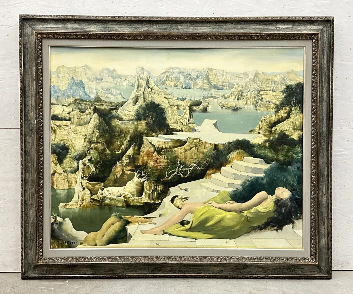 Marcel Delmotte (1901-1984). Woman In A Green Dress In A Surrealist Landscape. -photo-1