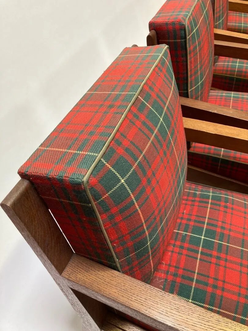 Charles Dudouyt (1885-1946) Rare Set Of 6 Art Deco Armchairs In Oak, Tartan Fabric -photo-3
