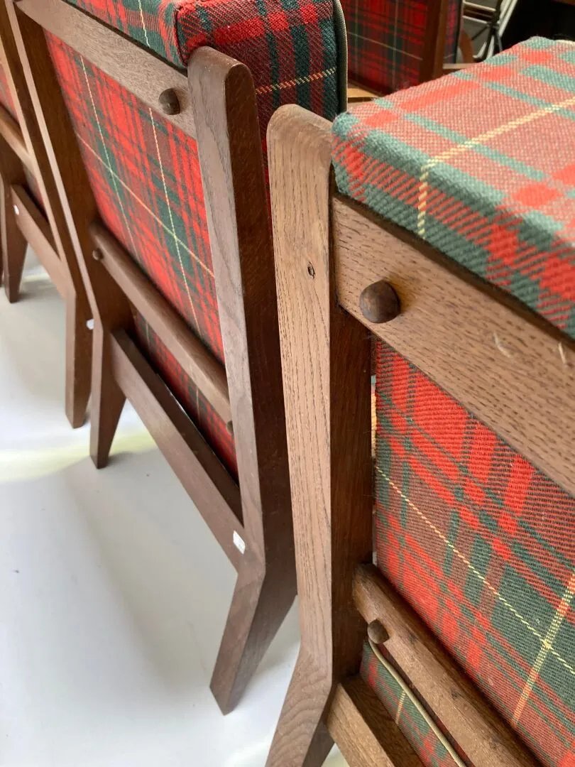 Charles Dudouyt (1885-1946) Rare Set Of 6 Art Deco Armchairs In Oak, Tartan Fabric -photo-5