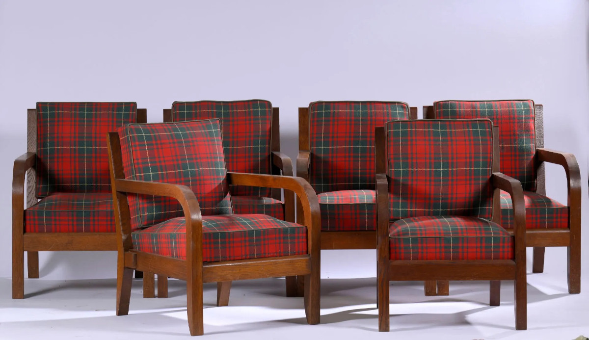 Charles Dudouyt (1885-1946) Rare Set Of 6 Art Deco Armchairs In Oak, Tartan Fabric 