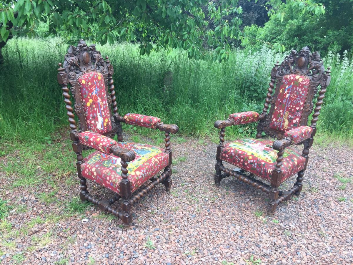 Pair Of Large Oak Armchairs, Louis XIII Style, 19th Century 