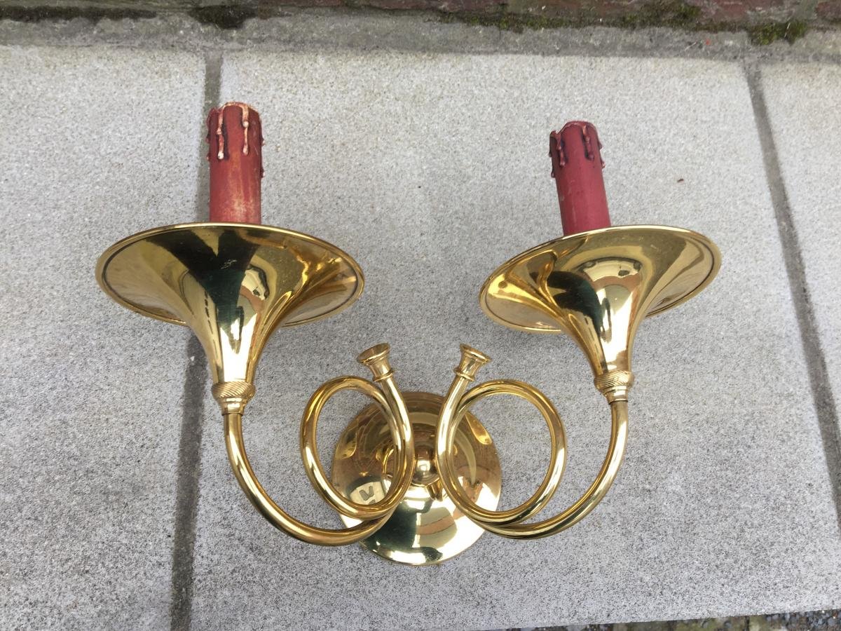 Pair Of 1950s Cira Brass Wall Lights With Horn Decor, Maison Jansen Style-photo-3