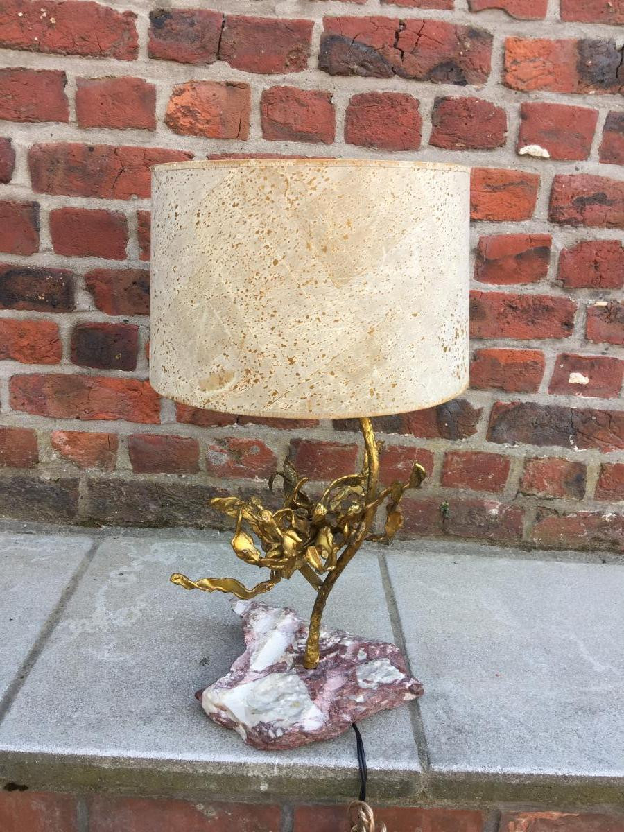 Brutalist Brass Lamp On A Marble Base, Signed Paul Moerenhout, Circa 1970