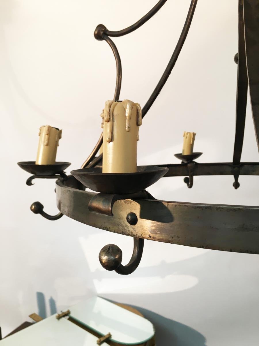 Lustre Neo Classique En Acier Et Laiton Circa 1950 -photo-2