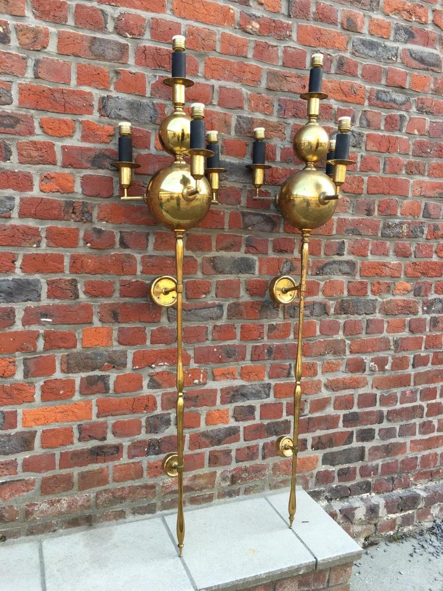 Paire de tres grandes (155cm) appliques néoclassiques en laiton  circa 1950-photo-1