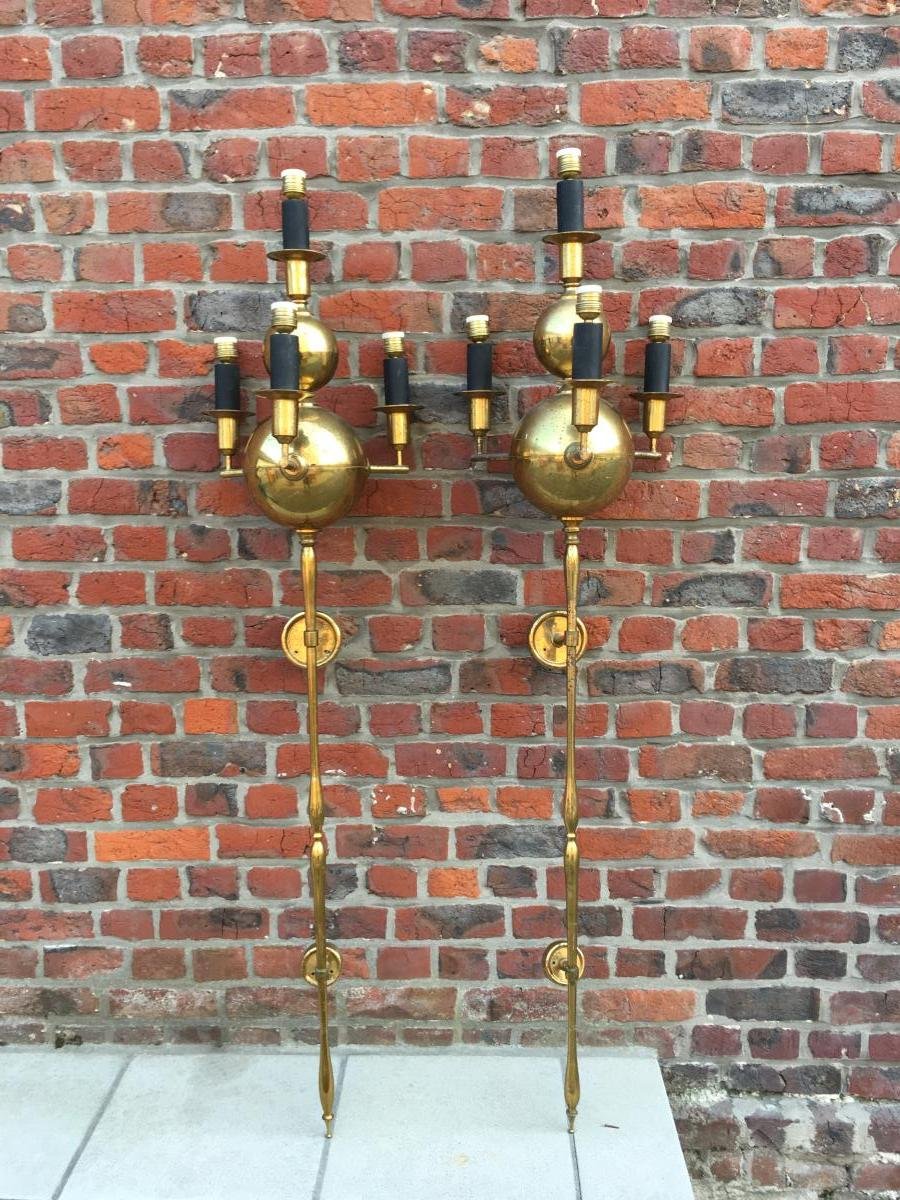 Paire de tres grandes (155cm) appliques néoclassiques en laiton  circa 1950-photo-2