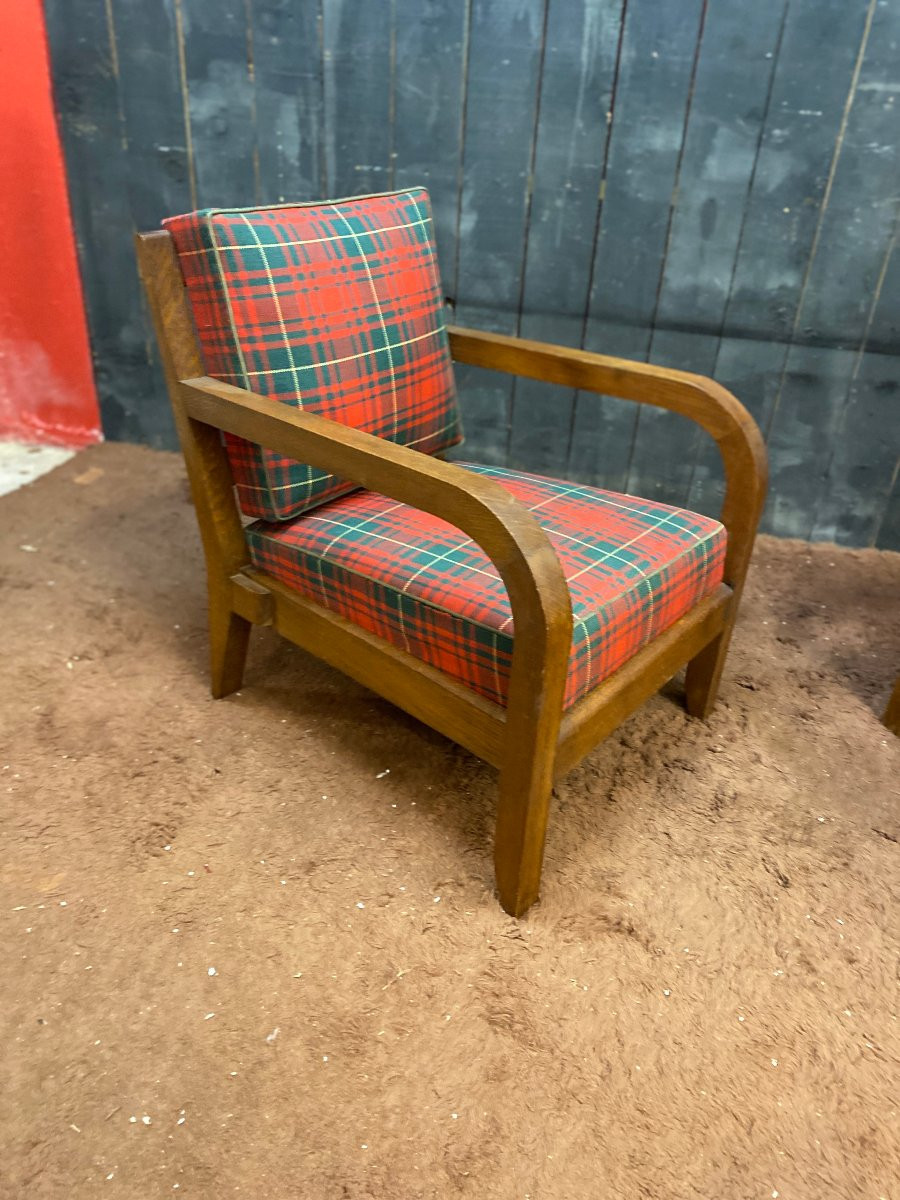 Charles Dudouyt (1885-1946) paire de fauteuils art deco en chêne , tissu tartan, estampillés-photo-2