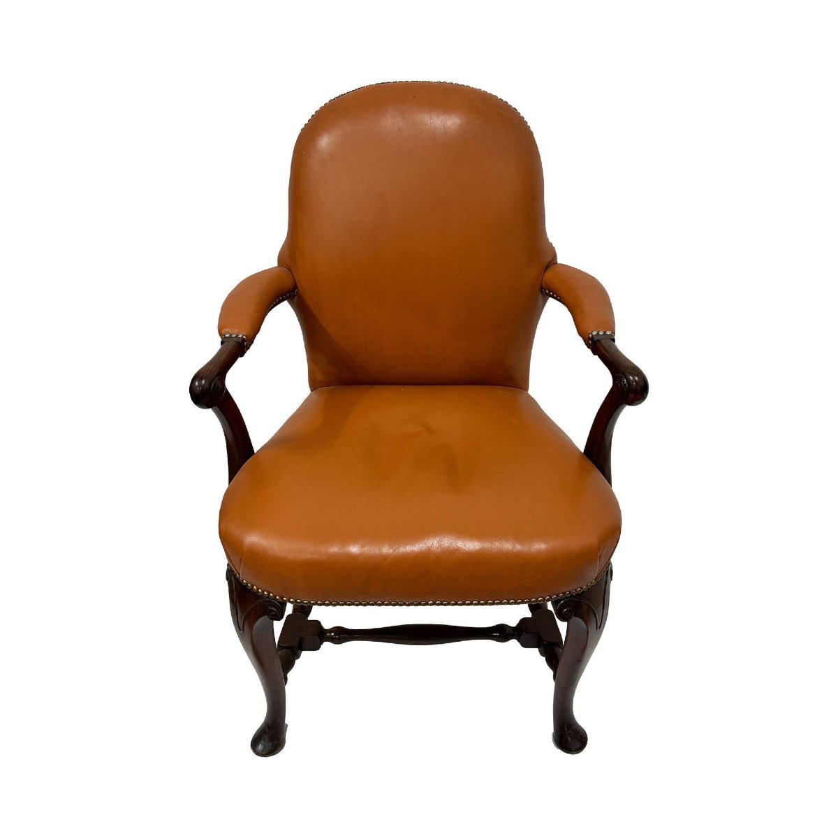 Fauteuil Queen Anne, XIXème, recouvert de cuir fauve-photo-2