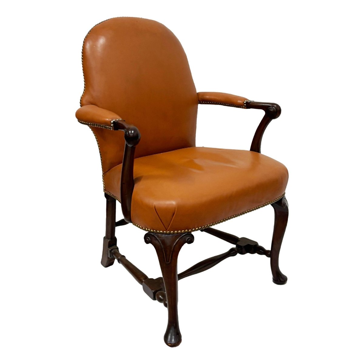 Fauteuil Queen Anne, XIXème, recouvert de cuir fauve-photo-3