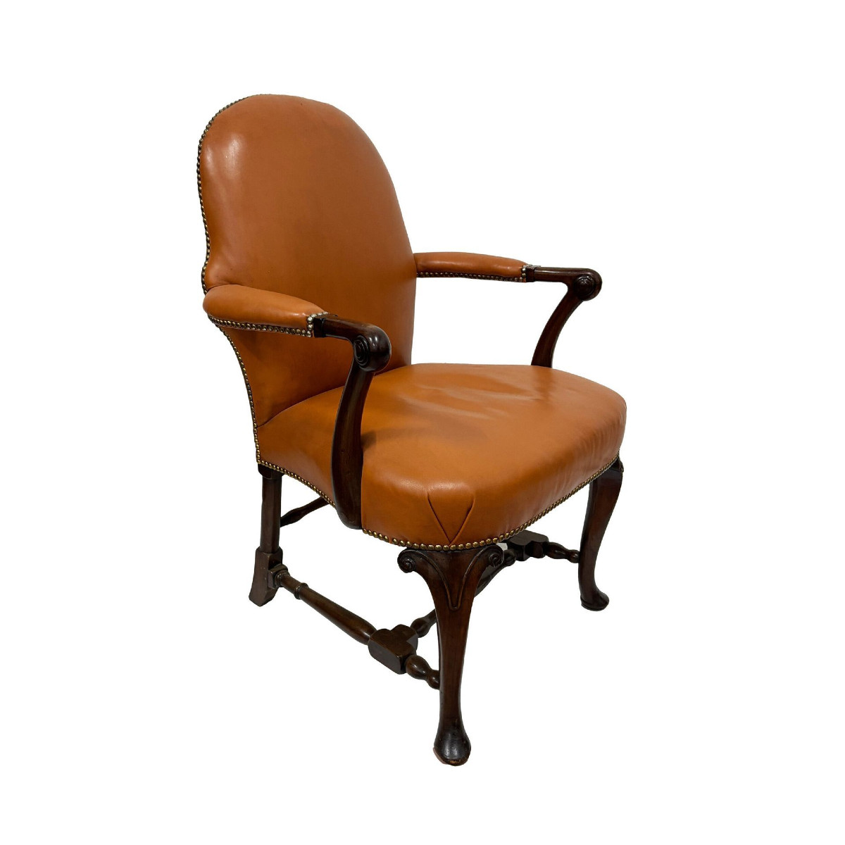 Fauteuil Queen Anne, XIXème, recouvert de cuir fauve